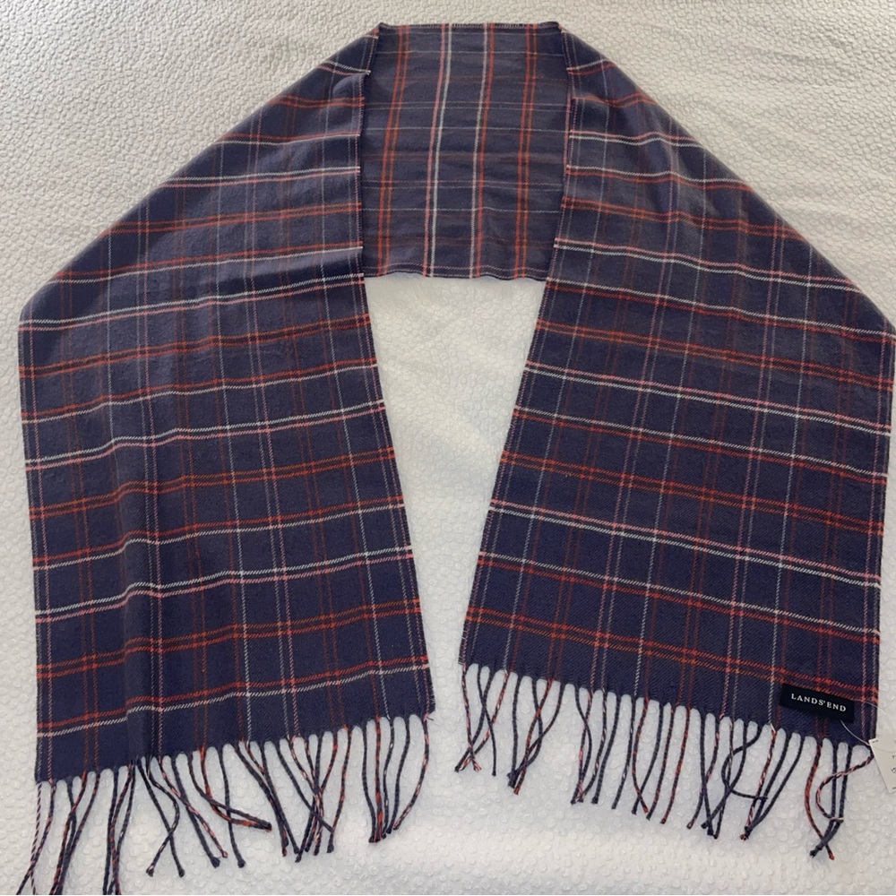Lands' End Men's Navy and Red Plaid Acrylic Scarf‎